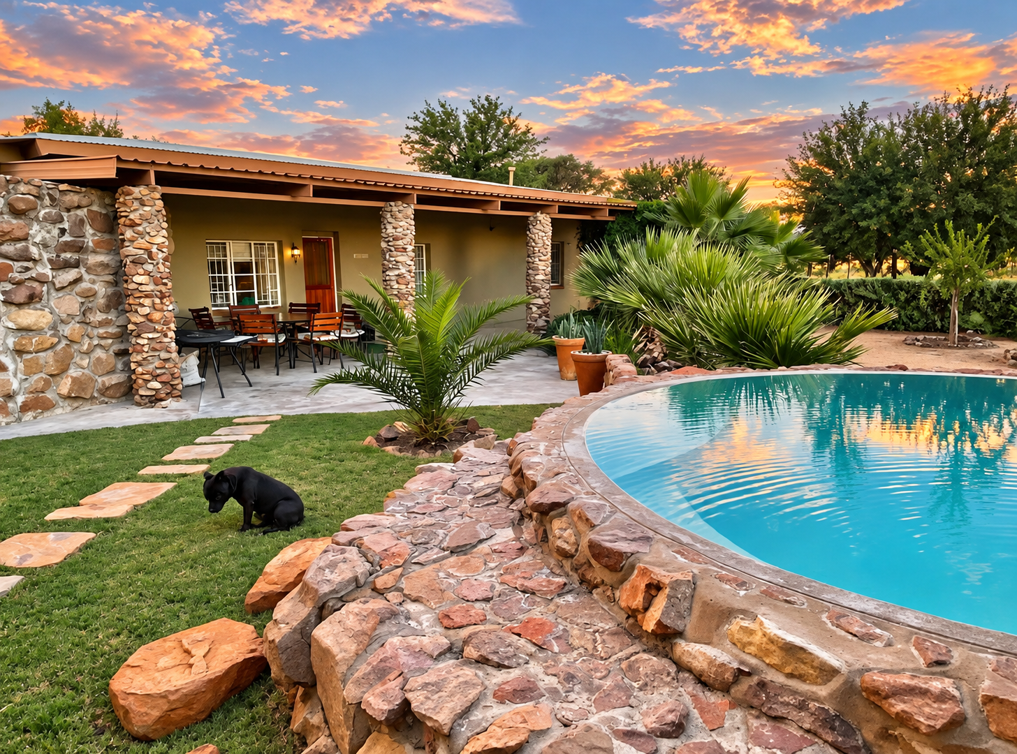 The restored Soetblomspan farmhouse at sunset with pool and verandah