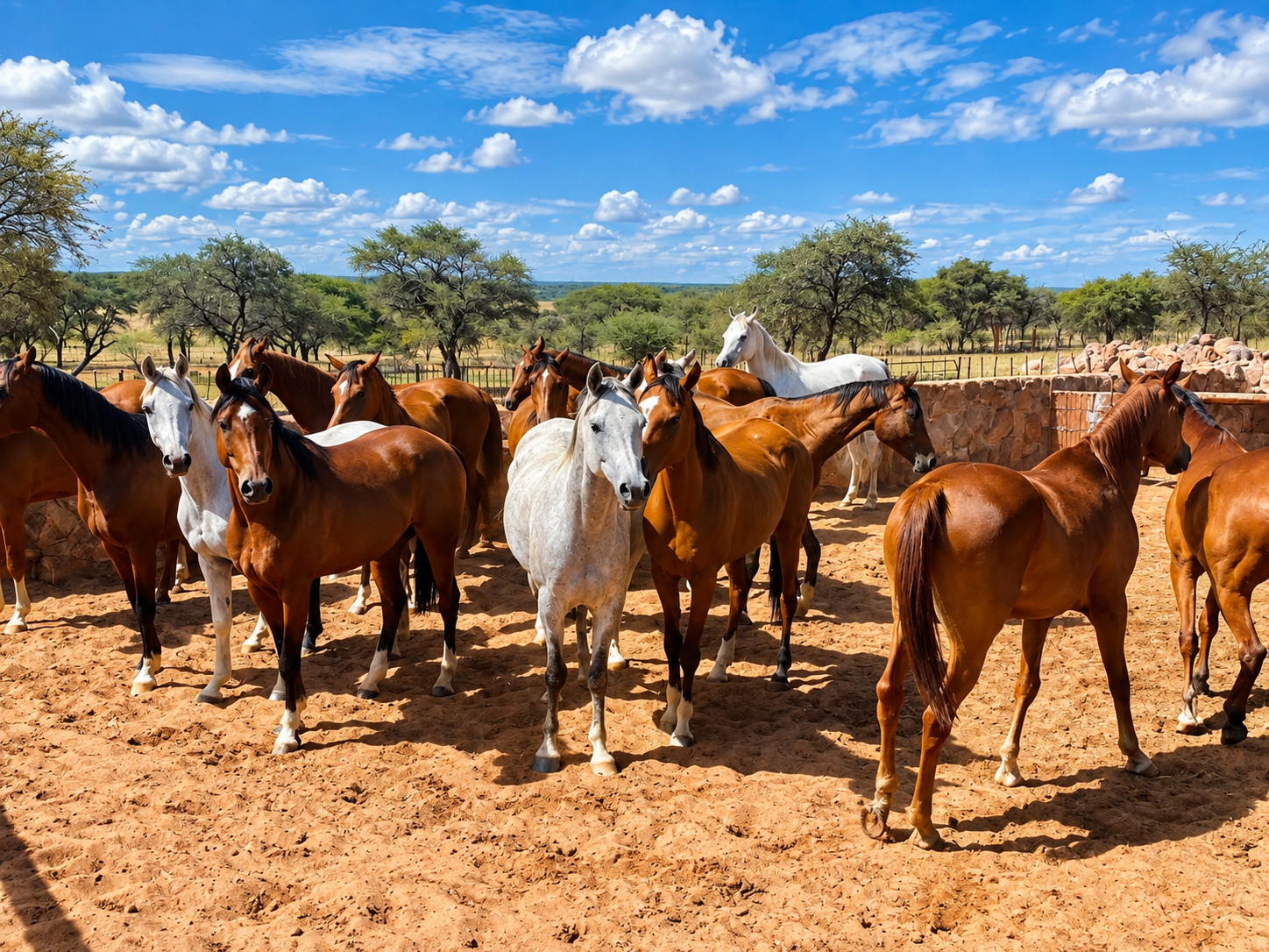 Arabian horses gathered in the sand paddock