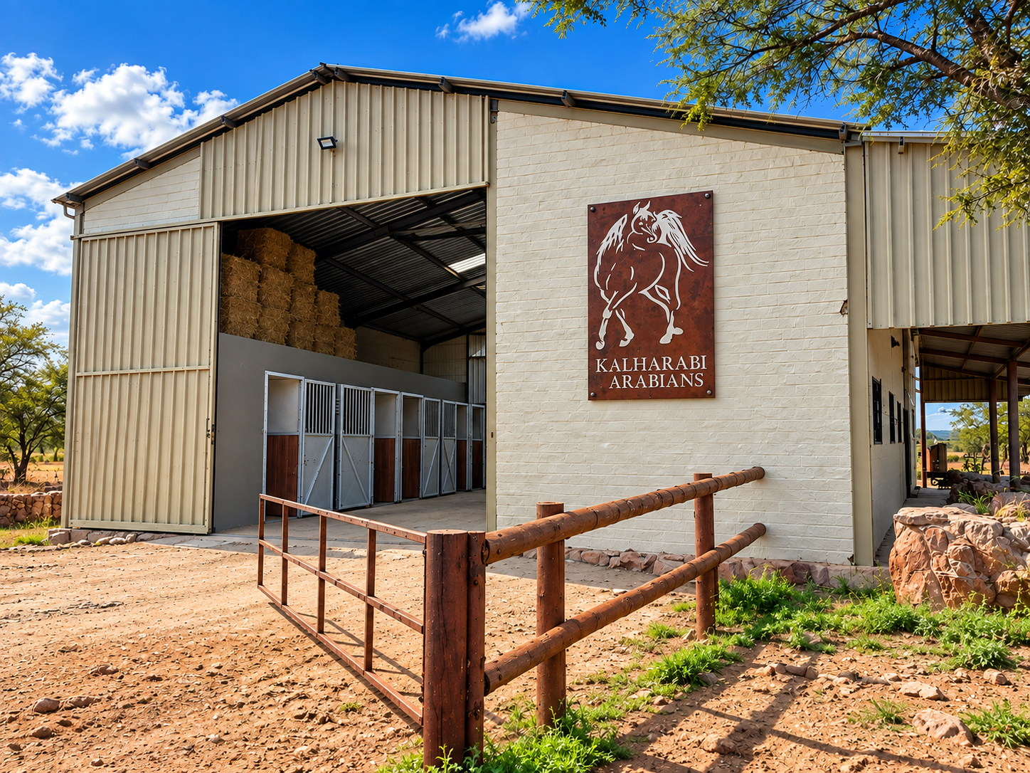 The farm stables with the Kalharabi Arabians sign